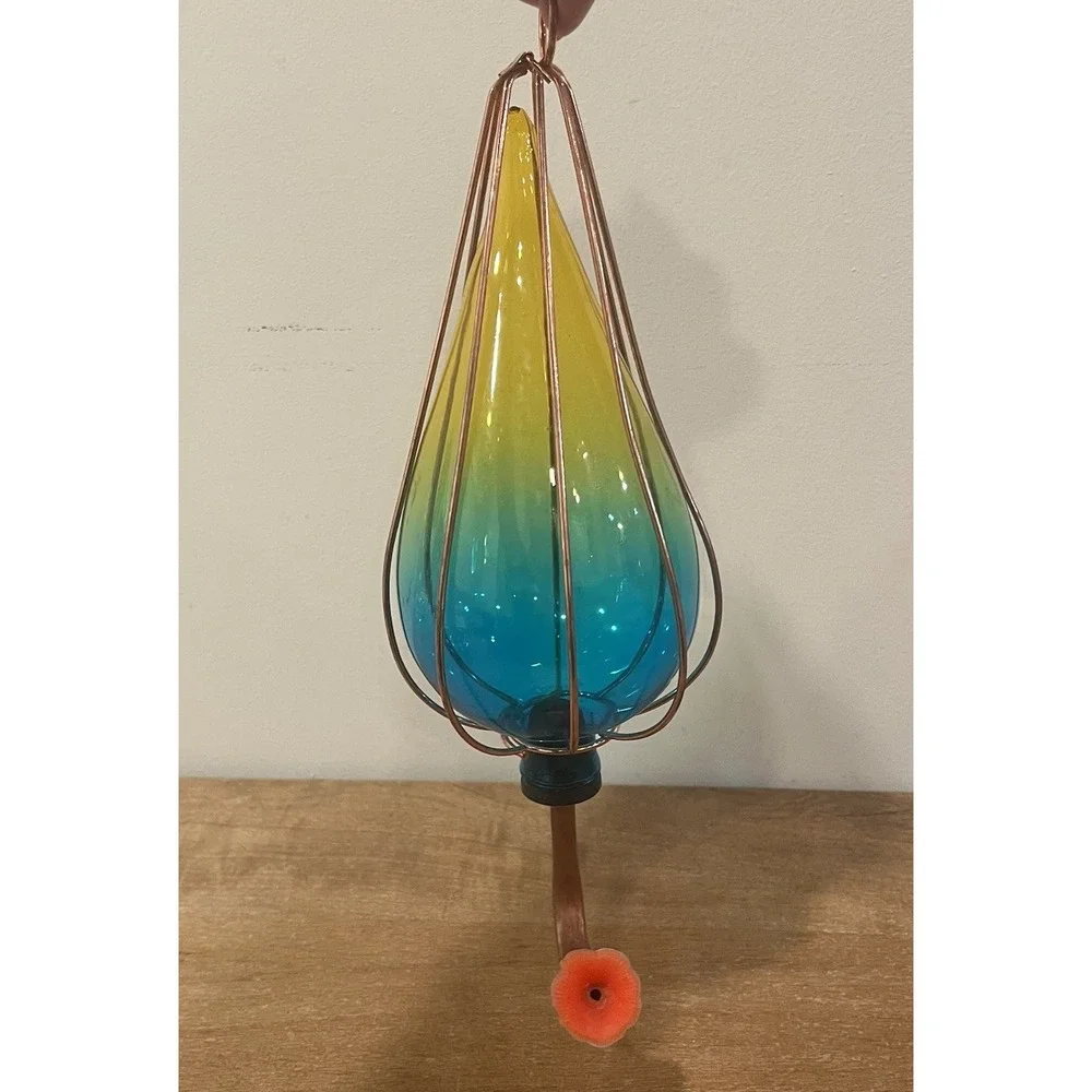 Ombre Art Glass Hummingbird Feeder Teal Yellow Copper Hanging Garden Decor